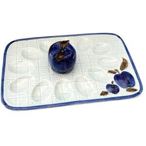 Lefton China Deviled Egg Plate Blue Apple Salt Pepper Shakers 12x8 Dish Vtg